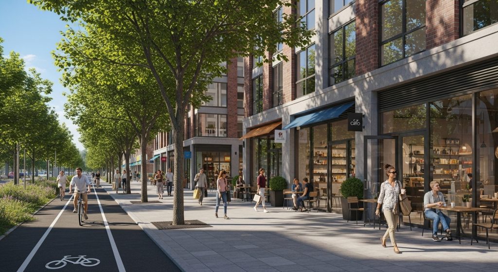 Pessoas caminham e pedalam em avenida arborizada com lojas, fachadas de vidro e mesas externas de cafés.