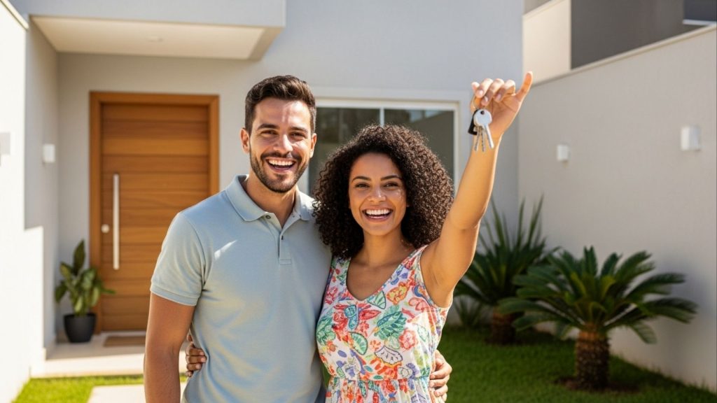 Casal sorridente em frente à casa nova, com a mulher segurando chaves no alto em gesto de celebração.