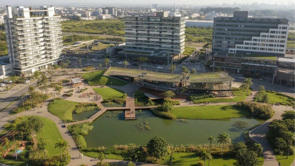 Vista aérea de um complexo urbano com prédios comerciais e residenciais cercando um parque com lago, passarelas de madeira, gramado, playground e vegetação abundante.