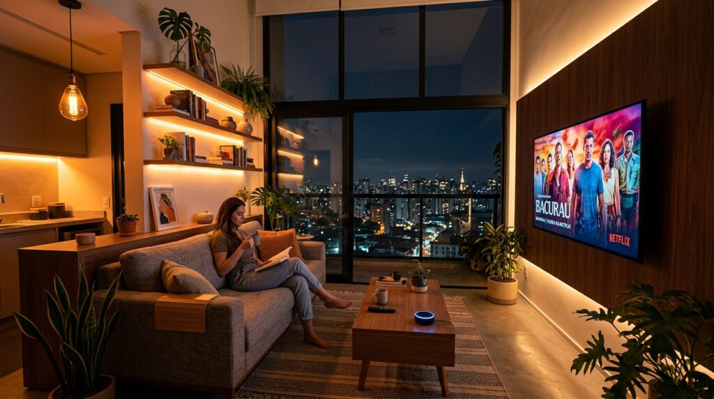 Uma mulher jovem e relaxada está sentada em um sofá cinza, lendo um livro e segurando uma xícara, em um apartamento de luxo à noite. A TV na parede oposta exibe o filme "BACURAU". A sala é aconchegante, com iluminação quente embutida nas prateleiras e atrás da TV. Uma grande janela do chão ao teto revela uma vista noturna panorâmica da cidade de São Paulo. Uma mesinha de centro tem um alto-falante inteligente ativado e várias plantas em vasos ao redor.