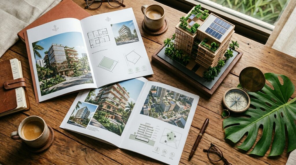 Uma vista superior de uma mesa de trabalho de madeira rústica, onde dois brochuras arquitetônicas abertas mostram renderizações de edifícios modernos e sustentáveis com muitas plantas e telhados verdes. No centro-direita, há um modelo físico detalhado de um desses edifícios, construído em madeira clara e equipado com painéis solares miniatura no teto, cercado por pequenas árvores. Ao redor dos brochuras e do modelo, estão dispostos objetos como duas xícaras de café em pires de madeira, um par de óculos, uma bússola de latão antiga e aberta, uma caneta-tinteiro de madeira e uma grande folha de Costela-de-Adão seca. A cena é banhada por luz natural suave vinda de uma janela à direita, criando uma atmosfera de planejamento criativo e ecológico.