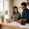 Um casal jovem (um homem negro e uma mulher) trabalha junto no planejamento do orçamento sobre a bancada de madeira de uma cozinha moderna. O homem, vestindo camisa azul-escura, aponta para os documentos e opera uma calculadora, enquanto a mulher, de suéter cinza, segura uma caneta e acompanha a análise com atenção. Duas canecas de café e um pequeno vaso de planta estão sobre a bancada, iluminada por uma grande janela de vidro com vista externa.