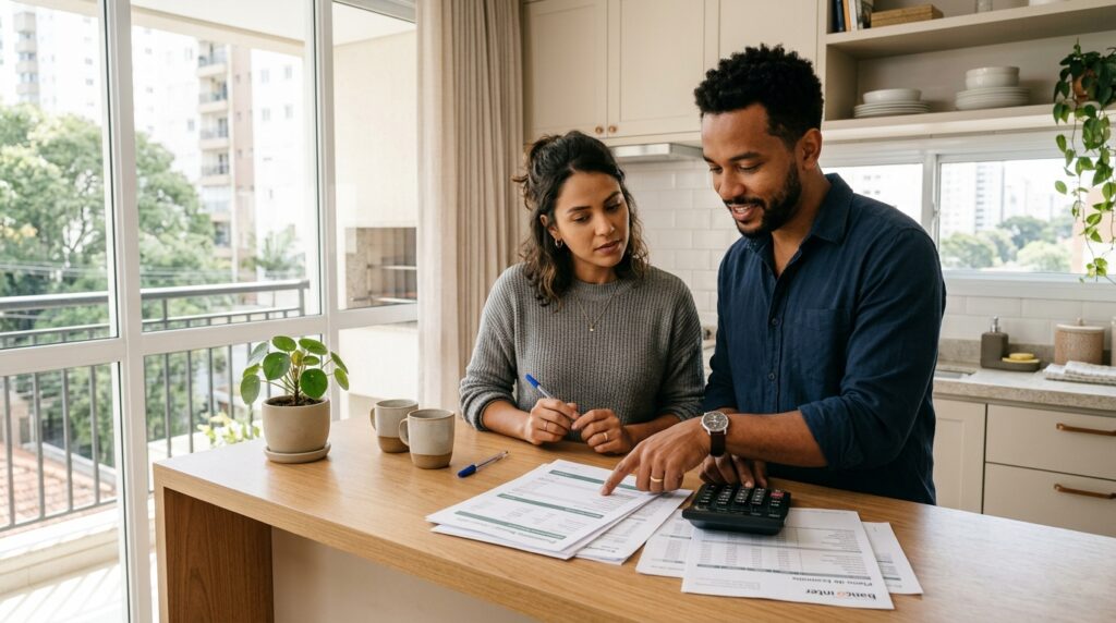 Um casal jovem (um homem negro e uma mulher) trabalha junto no planejamento do orçamento sobre a bancada de madeira de uma cozinha moderna. O homem, vestindo camisa azul-escura, aponta para os documentos e opera uma calculadora, enquanto a mulher, de suéter cinza, segura uma caneta e acompanha a análise com atenção. Duas canecas de café e um pequeno vaso de planta estão sobre a bancada, iluminada por uma grande janela de vidro com vista externa.