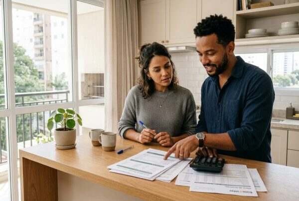Um casal jovem (um homem negro e uma mulher) trabalha junto no planejamento do orçamento sobre a bancada de madeira de uma cozinha moderna. O homem, vestindo camisa azul-escura, aponta para os documentos e opera uma calculadora, enquanto a mulher, de suéter cinza, segura uma caneta e acompanha a análise com atenção. Duas canecas de café e um pequeno vaso de planta estão sobre a bancada, iluminada por uma grande janela de vidro com vista externa.