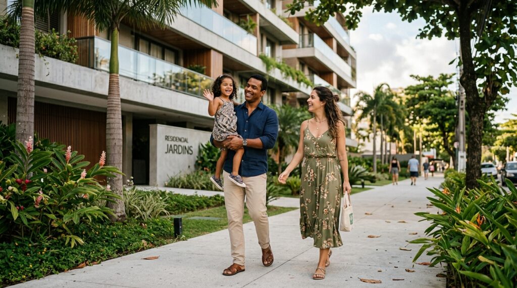 Uma família sorridente — pai, mãe e uma filha pequena — caminha alegremente pela calçada de um condomínio residencial de alto padrão com arquitetura moderna e paisagismo exuberante. Na fachada de concreto do edifício, lê-se a inscrição "RESIDENCIAL JARDINS". O pai carrega a menina no colo, que acena para a câmera, enquanto a mãe caminha ao lado usando um vestido longo floral e segurando uma ecobag.