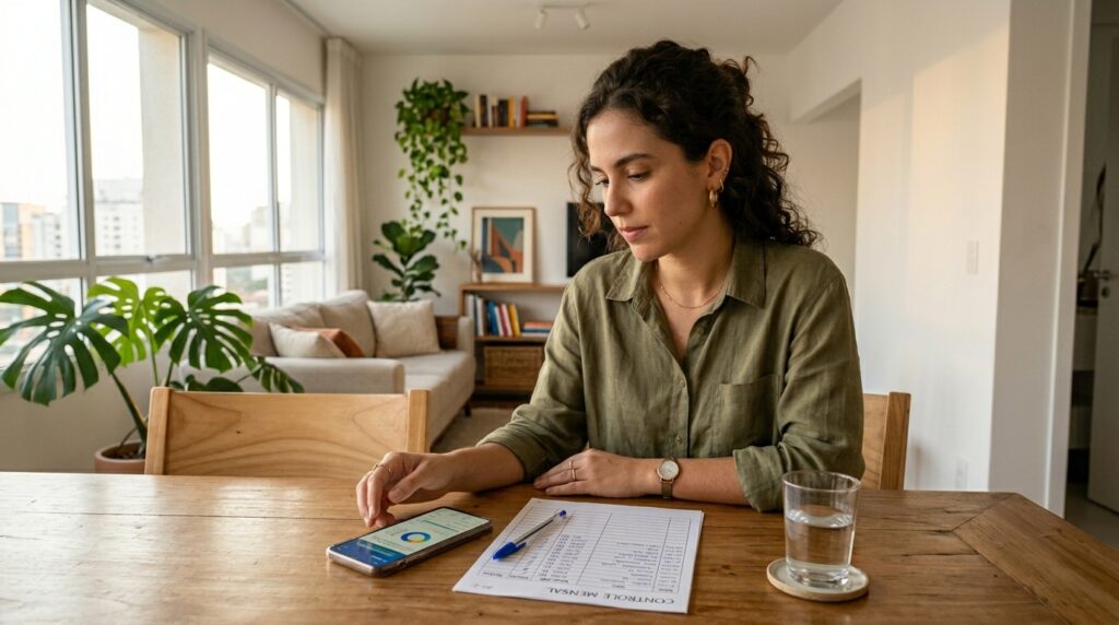Uma jovem de cabelos cacheados e camisa verde oliva está sentada à mesa de madeira de seu apartamento, concentrada na organização de suas finanças. À sua frente está uma folha de papel com o título "CONTROLE MENSAL" contendo uma tabela preenchida, uma caneta e um copo de água. Com uma das mãos, ela manipula um smartphone que exibe um gráfico financeiro colorido em formato de pizza. O ambiente ao fundo é uma sala de estar clara, acolhedora e decorada com plantas.