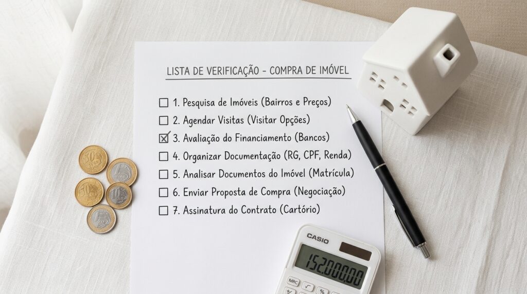 Visão aérea em estilo flat lay de uma folha de papel com o título "LISTA DE VERIFICAÇÃO – COMPRA DE IMÓVEL" sobre uma superfície texturizada clara. A lista contém sete etapas numeradas, com o item "3. Avaliação do Financiamento (Bancos)" marcado com um "X". Ao redor do papel, estão dispostos elementos temáticos: uma miniatura de casa de cerâmica branca, uma caneta preta, um pequeno monte de moedas de Real e uma calculadora digital exibindo o número "152.000,00".